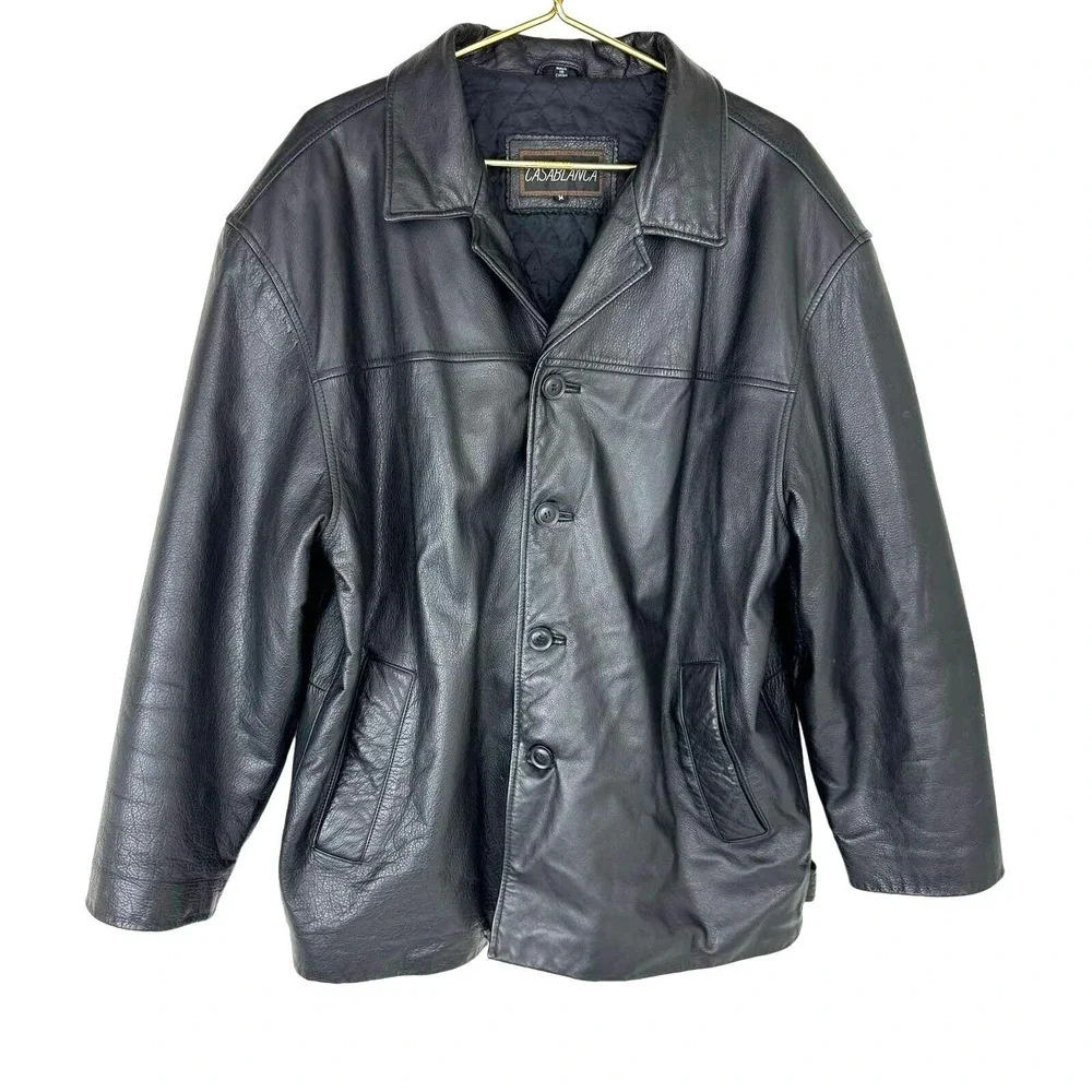 Vintage Black Leather Jacket Mens Medium 90s Grunge Americana Button Front
